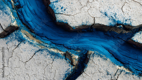 The mud is dry and cracked, the cracks are full of blue