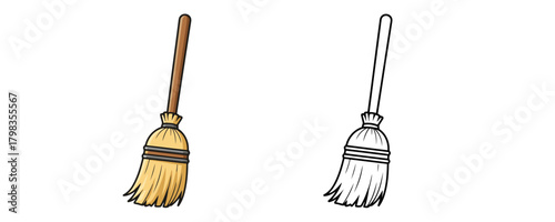 Straw broom with a wooden handle and brown bristles, presented both in color and as a black and white outline on a white background