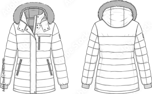 Women's quilted winter jacket front and back view, hooded coat with fur trim, zipper pockets, cad drawing flat vector illustration