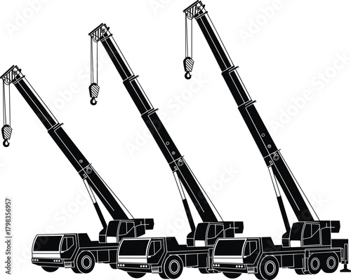 Mobile crane illustration, truck-mounted cranes, telescopic boom angles, construction equipment, lifting machinery, industrial vehicle, black and white sketch
