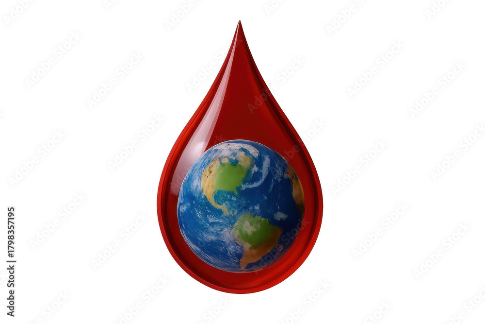 Fototapeta premium Blood drop forming a globe of earth, symbolizing global health, donation, life, and medical care, transparent background