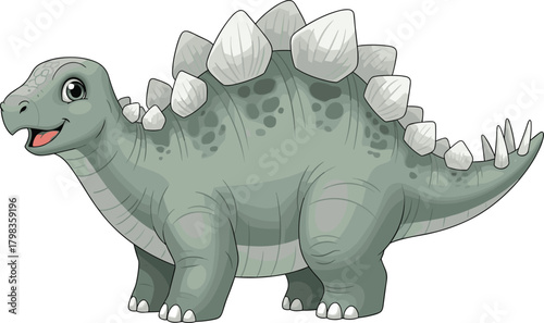 Cartoon Stegosaurus dinosaur, friendly expression, green body, white plates, smiling face, kids illustration, prehistoric animal, educational, fun, character