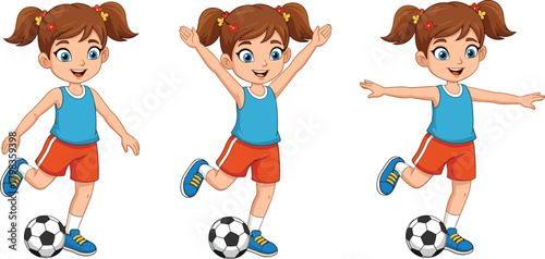 Cartoon girl, soccer ball, sports action, kicking pose, athletic child, dynamic movement, kids activity, game play, illustration, education