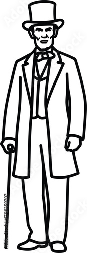 Vintage gentleman wearing formal suit and top hat with walking cane, classic nineteenth century fashion illustration vector design for history concept