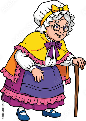 Cartoon elderly woman, traditional clothing, white bonnet, purple dress, cane, glasses, senior character, vintage style, storytelling, educational illustration