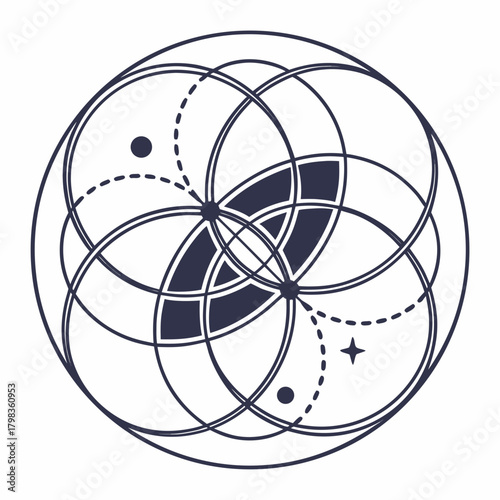 black and white abstract sphere Abstract Geometric Circles Pattern Vector Icon of Intersecting Orbits or Cosmos
