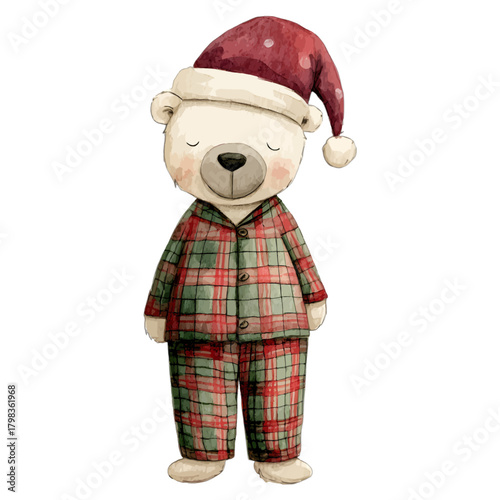 Watercolor Christmas Teddy Bear in Plaid Pajamas and Santa Hat Vector Illustration

