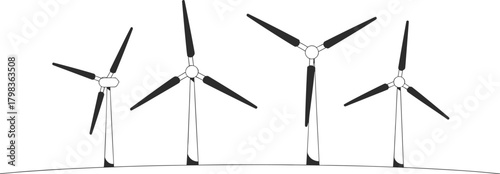 Wind turbine farm illustration showing renewable energy generation, eco power concept, sustainable electricity production, clean energy windmill vector design