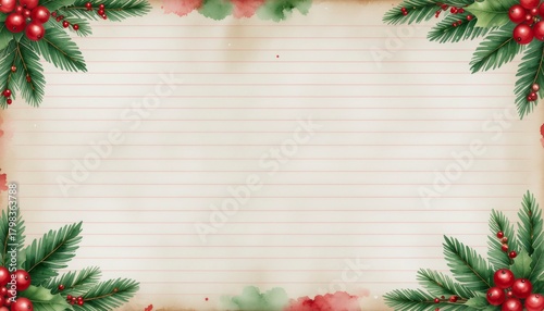 Vintage ledger paper adorned with festive pine branches and holly berries creating elegant Christmas border frame