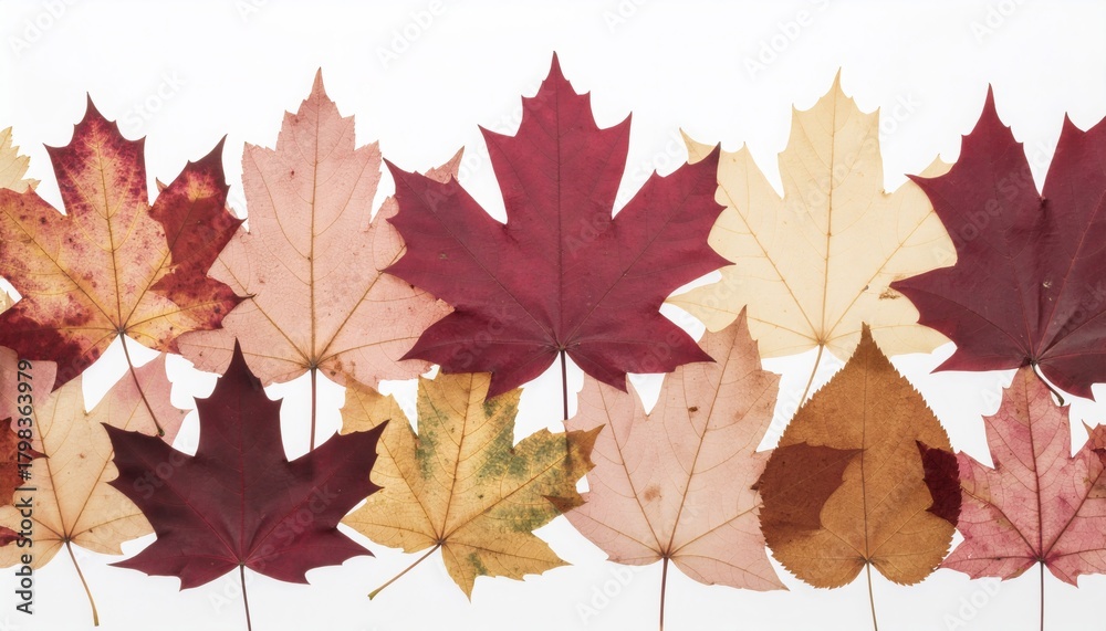 Fototapeta premium Layered pressed maple leaves creating elegant autumn border in warm crimson and golden tones on translucent background