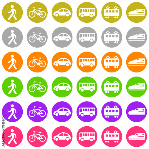 交通機関・移動手段の丸いスタンプ型アイコン 6種類のカラフルセット