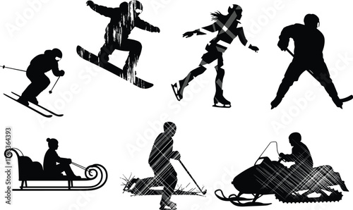 Winter sports silhouette vector illustration showing skiing, snowboarding, skating, sledding, hockey, snowmobiling, and outdoor cold weather activities in action