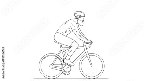 Bearded man in helmet cycling on a bicycle, line art illustration.