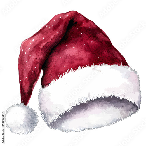 Watercolor Santa Claus Hat with White Fur Trim and Snow Vector Illustration
