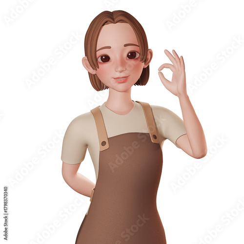 3D Portrait render of beautiful barista cartoon in brown wears. Showing ok sign  with right hand, advertising, presentations, UIUX design, promotional materials.