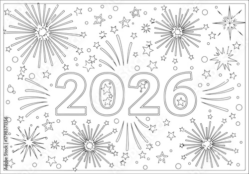 2026 Coloring Book Page with Fireworks and Stars for New Year Celebrations and Holidays - Printable