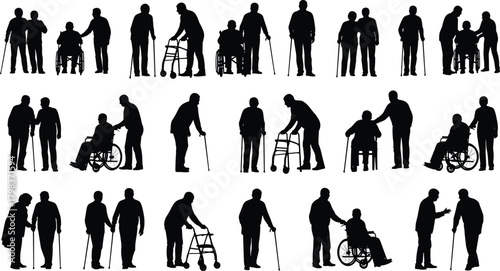 Elderly care silhouette, senior mobility aid poses, caregiver support icons, walking, wheelchair, cane, cad drawing flat vector illustration