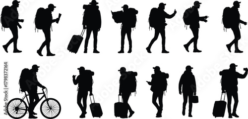 Travel backpacker silhouette, tourism activity poses, adventure journey icons, walking, cycling, suitcase pulling, mobile checking, cad drawing flat vector illustration