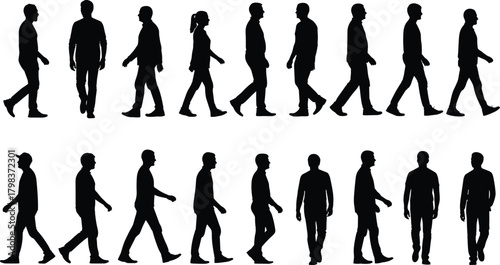 Walking silhouette vector, diverse human gait poses, side profile icons, motion tracking figures, cad drawing flat vector illustration