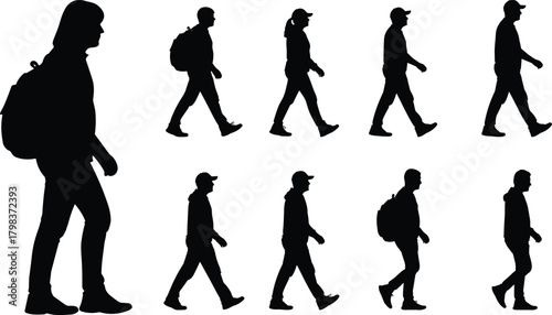 Walking silhouette vector, human gait poses, side profile icons, posture and movement figures, cad drawing flat vector illustration