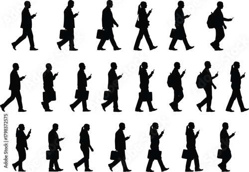 Walking with phone silhouette, mobile usage poses, urban lifestyle icons, technology behavior figures, cad drawing flat vector illustration