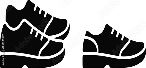 Black Silhouette Athletic Shoes Vector Set with Thick Sole, Lace Detail, Side View, Stacked and Single Shoe Icons