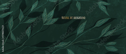 Natural art background featuring hand-drawn leaves on a tree branch with gold line elements. A botanical banner for decor, wallpaper, prints, posters, textiles, packaging, and interior design.