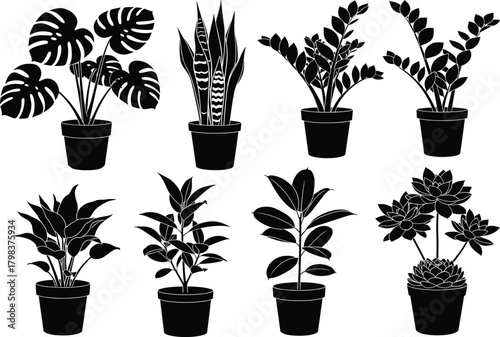 Black silhouette collection of indoor potted houseplants vector illustration showing tropical leaves, succulents, and decorative foliage plants for modern home decor design.