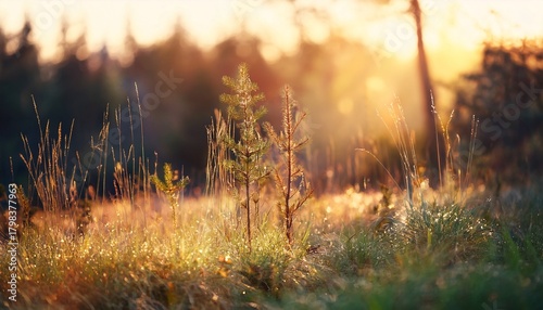 Wild Grass In A Forest Clearing At Sunset Macro Image Shallow Depth Of Field Abstract Background Of Summer And Autumn Nature Vintage Filter