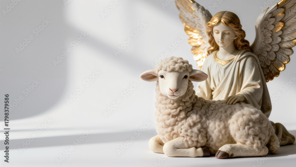 Obraz premium Statue of an angel stroking a lamb in a soft shaded interior (copy space)