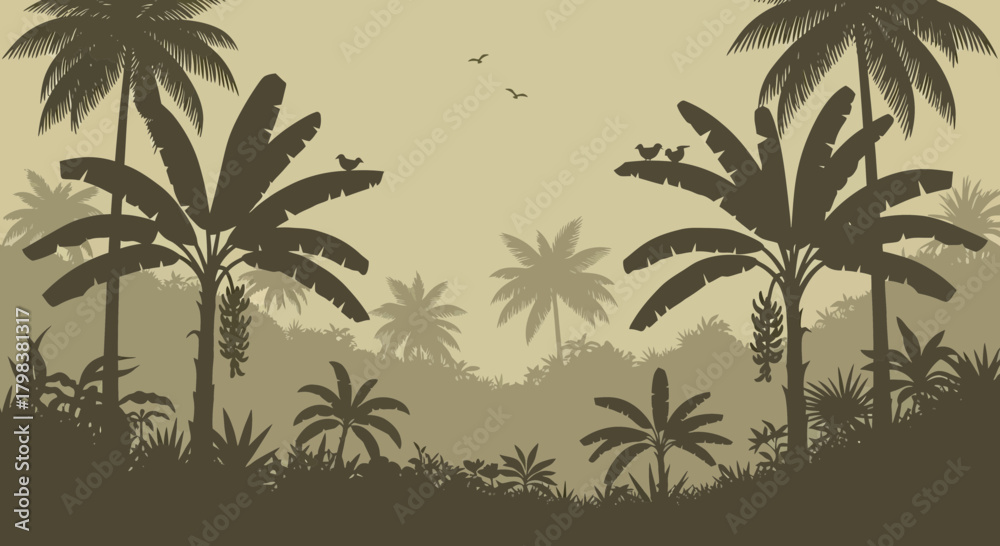 Fototapeta premium Lush tropical jungle scene with palm and banana trees silhouettes illustration