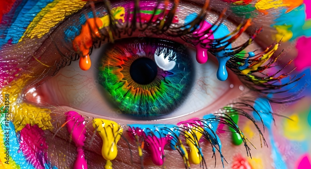 Fototapeta premium Vibrant eye macro shot with colorful rainbow paint dripping for creative art concept