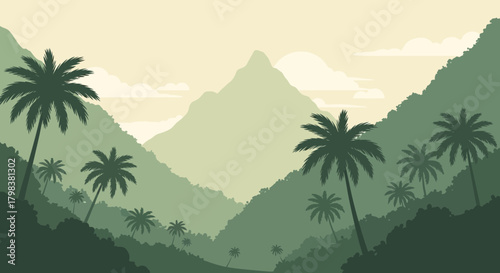 Lush Tropical Valley with Palm Trees and Distant Mountain Silhouette