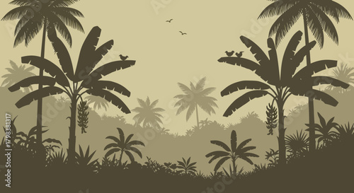 Lush tropical jungle scene with palm and banana trees silhouettes illustration