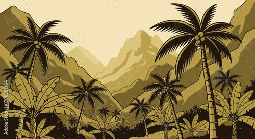 Monochrome Tropical Landscape With Mountains and Palm Trees Panorama