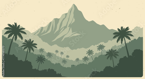 Monotone tropical landscape illustration with palm trees and mountain