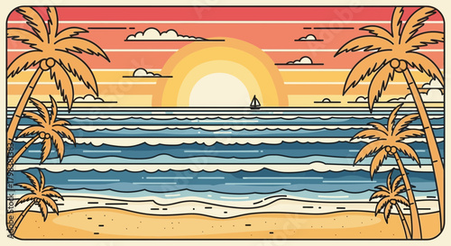 Retro beach scene illustration with palm trees and a sailing boat