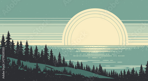 Retro Inspired Coastal Forest Landscape with Stylized Sunset Over the Water