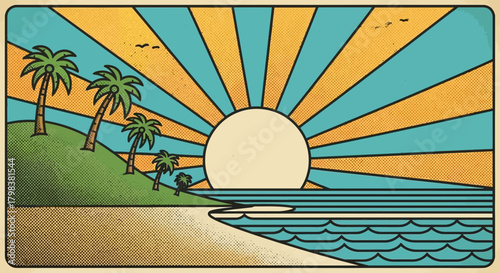 Retro-Inspired Tropical Beach Landscape with Palm Trees and Radiant Sun