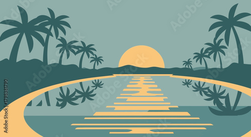 Silhouette of tropical beach with palm trees and a setting sun reflection