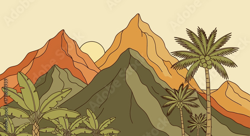 Stylized tropical landscape featuring mountains and lush palm vegetation