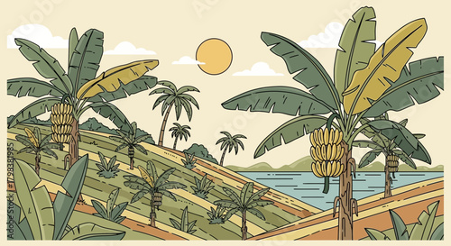 Stylized tropical landscape with banana trees and tranquil sea view