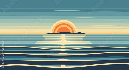 Tranquil ocean sunset vector illustration with layered water and sun