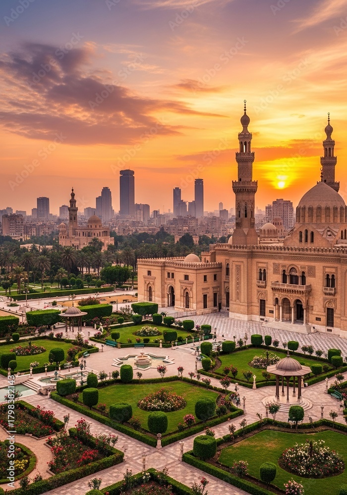 Fototapeta premium Stunning Cairo sunset featuring mosques and modern city skyline views