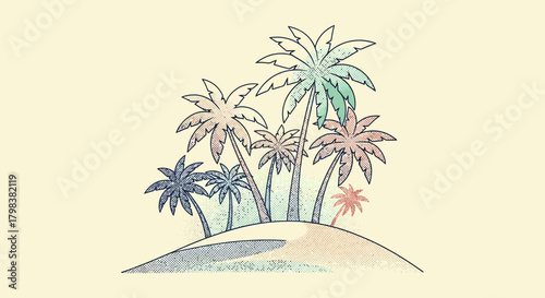 Tropical island with palm trees illustration in retro halftone style