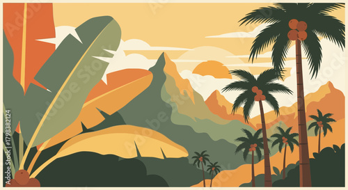 Tropical mountain landscape with palm trees, vibrant colours and vintage aesthetic