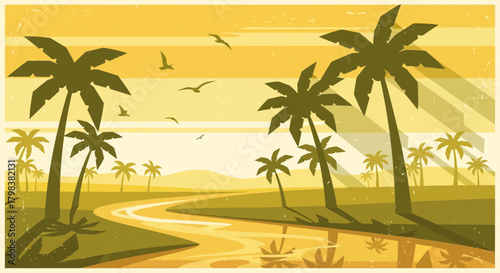 Tropical paradise landscape with palm trees and a golden river view