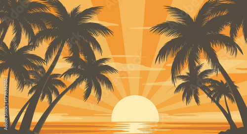Tropical sunset scene with palm trees silhouette and a stylized golden sky