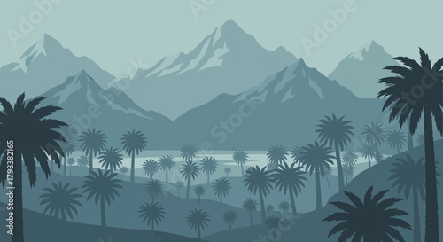Vectorial illustration of a tropical landscape with mountain silhouettes