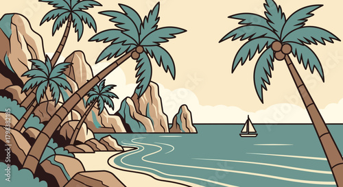 Vintage Styled Tropical Coastline Illustration with Palm Trees and Boat